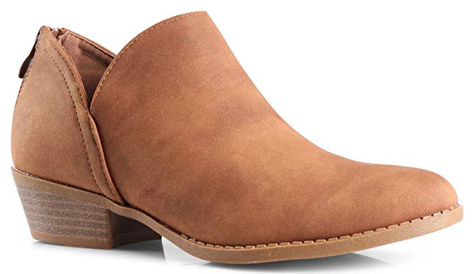 Women's Madeline Western Almond Round Toe Slip on Bootie - Low Stack Heel - Zip Up - Casual Ankle Boot