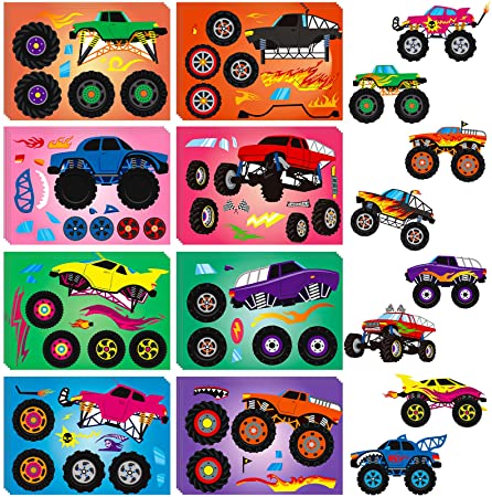 48 Sheets Monster Truck Stickers Kits Make Your Own Monster Truck Stickers with 8 Designs Monster Truck Party Favors for Kids Boy's Kindergarten, Festival Present