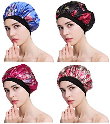 FIBO STEEL 4 Pcs Soft Satin Hair Bonnet for Women Girls Silk Sleeping Salon Cap Bonnet Set
