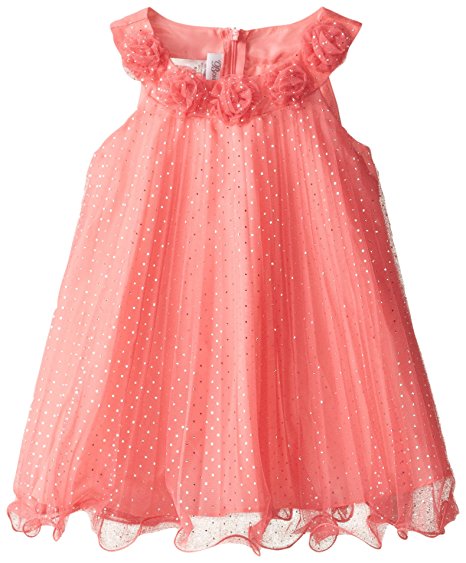 Bonnie Jean Little Girls' Coral Foil Mesh Crystal Pleat Dress