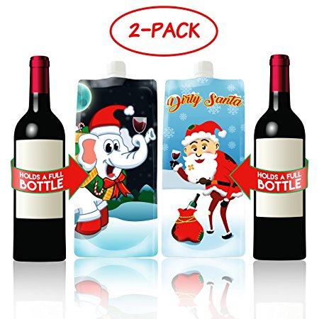 White Elephant and Dirty Santa Wine to Go - 2 Foldable, Portable Wine Bottle Flasks (2-Pack) Funny, Novelty Christmas Party Drink Carriers – Naughty Holiday Gag Gifts Stocking Stuffer (750 ml ea.)
