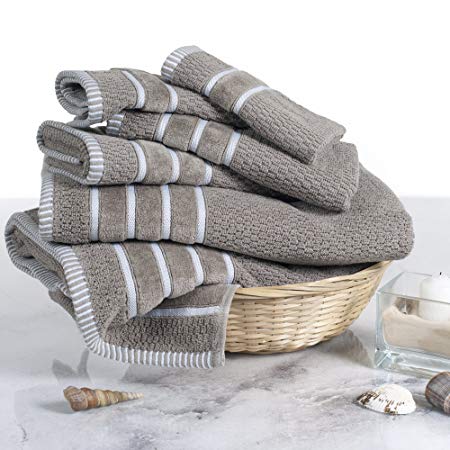 Combed Cotton Towel Set- Rice Weave 100% Combed Cotton 6 Piece Set With 2 Bath Towels, 2 Hand Towels and 2 Washcloths by Lavish Home- Taupe