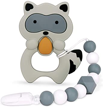 Baby Teething Toys Silicone Teether Egg Raccoon Chew Beaded Pendant Holder Newborn Boys Girls (Gray)