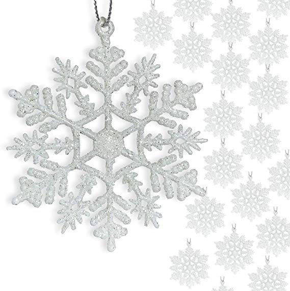 BANBERRY DESIGNS Small White Snowflakes - 3" Diam.Glittered Snow Flake Ornaments - Bulk Pack of 96pcs Shatterproof Plastic