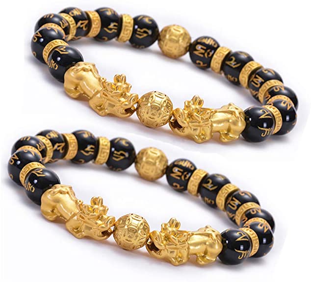 Goldenlight 2 Pcs Pi Xiu Bracelet Feng Shui Black Obsidian Wealth Bracelet for Women Men Adjustable Elastic