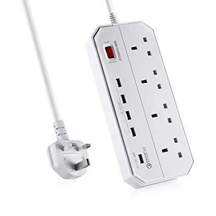 [Qualcomm Quick Charge 3.0]Poweradd 4-Outlet Power Strip & 1 QC 3.0 port & 4 USB Ports Extension Lead Power Strip, Surge Protection Power Socket, USB Charging Port Support PCs, iPad, iPod, Smart Phones etc(1.8m cord)-White