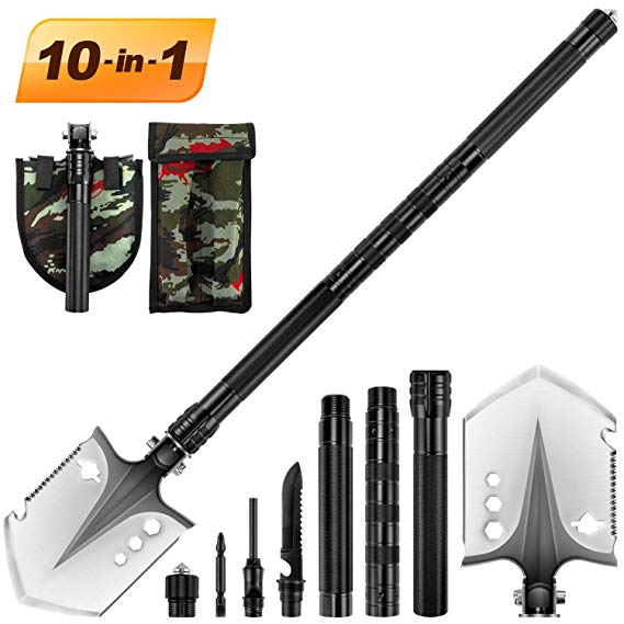 Portable Folding Shovel 10 in 1 Army Survival Gear Multifunctional Entrenching Tool for Camping, Hiking, Backpacking, Fishing, Trekking, Gardening