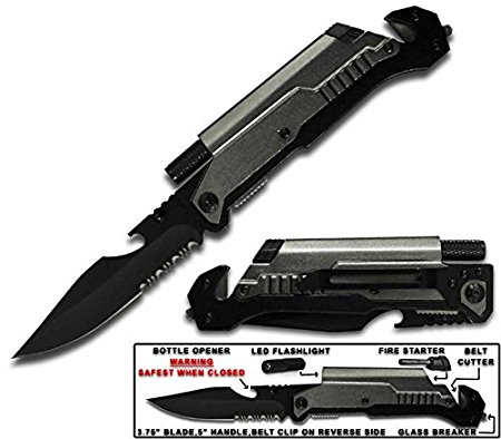 Rogue River Tactical 6-in-1 Multitool Knife with Flint Fire Starter, LED Light, Bottle Opener, Belt Cutter and Windows Breaker