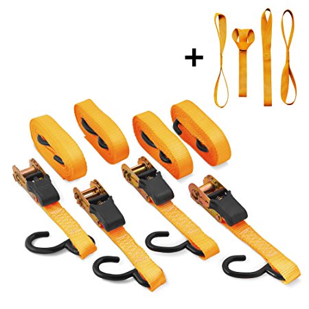 AFA 4pc 15ft Tie Down Ratchet Straps including BONUS 4 pc of 12” Soft Loop straps for Extra Security