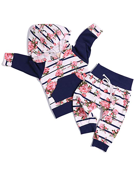 Baby Girl Clothes Summer Breathable Hoodie Sweatshirt Top  Kangero Pocket  Floral Pant Outfits Set