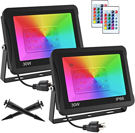 T-SUNUS RGB LED Flood Light 30W, Color Changing Outdoor Spotlight with Remote Control 4 Modes 16 Colors Dimmable Wall Wash Lights Party Stage Landscape Light 2 Pack