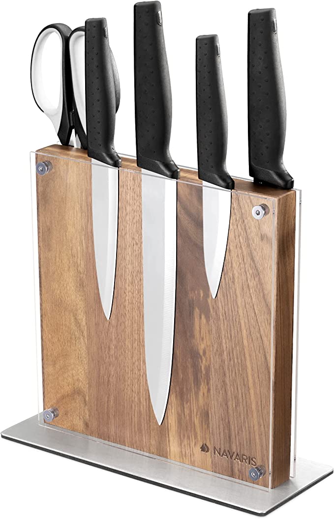 Navaris Wood Magnetic Knife Block - Double Sided Wooden Magnet Holder Board Stand for Kitchen Knives Utensils w/Acrylic Guard - Acacia, 8.8" x 8.7"