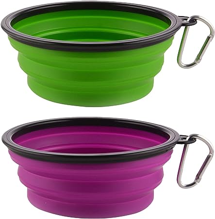 Large Collapsible Dog Bowls, 34oz Portable Foldable Travel Water Bowl Food Dishes with Carabiner Clip for Traveling, Hiking, Walking, 2 Pack (Purple Green)