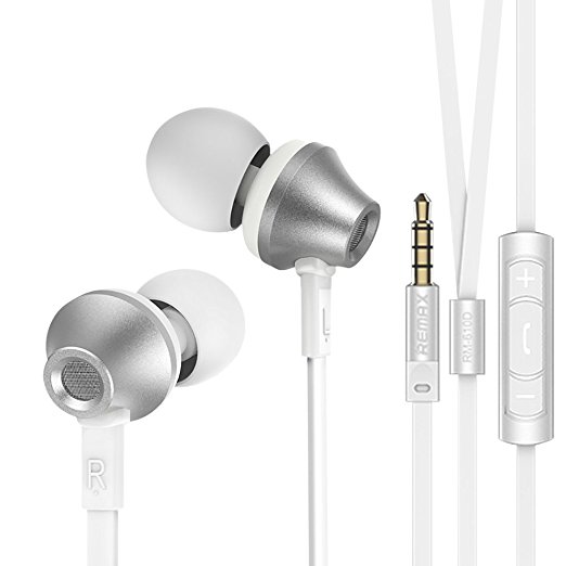 Remax 610D - Stereo In-ear Earbuds Headphones / Earphones with Dynamic Mic, Ear Plugs, Tangle Free Flat Cable, High Fidelity Sound Quality and Heavy Bass for Android & iPhone 3.5mm Jack (Silver)