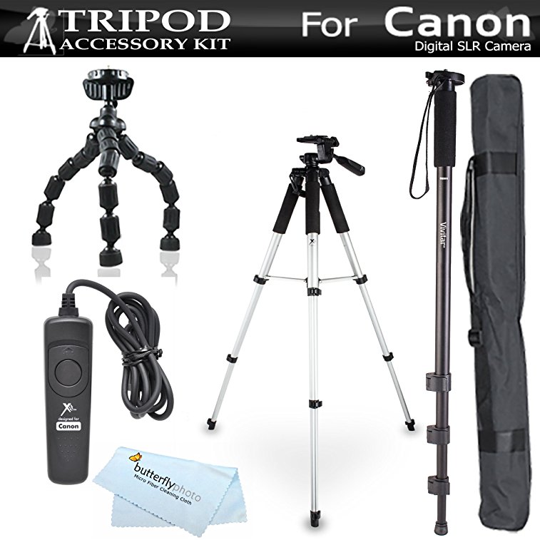 Tripod Kit For Canon EOS 60D, T5i, t5, T4i, T2i, T3i, XS, XSi, G10, G11, G12, SX60HS, SX60 HS Digital SLR Camera Includes 57" Pro Tripod   10" Flexible Gripster   67" Monopod   RS60 Remote Switch