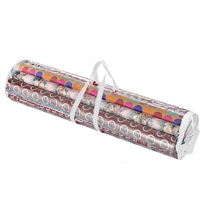 Primode Gift Wrapping Paper Storage Bag Organizer for All Your Gift Wrap & Ribbons, Fits Long 40 Inch Rolls, Hold Up to 24 Rolls, Heavy Duty Clear PVC Bag with Top and Side Handles (White)
