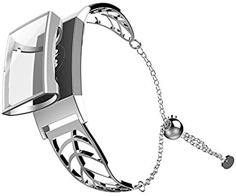 Band Compatible with Charge 3 Leaf Shape Stainless Steel Bracelet Women Replacement Band with Full Cover Screen Protector Case for Charge 3 & Charge 3 SE
