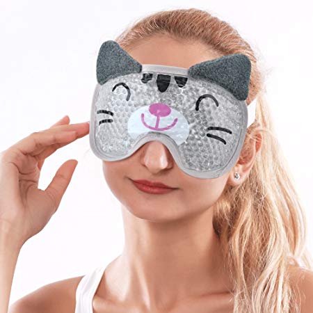 Cold Eye Mask with Gel Beads Cold Compress Soothing Eye Pads with Soft Cloth Ice Pack for Eyes and Sinuses for Puffy Eyes Swollen Eyes Dark Circles - Cat Eye Mask Grey