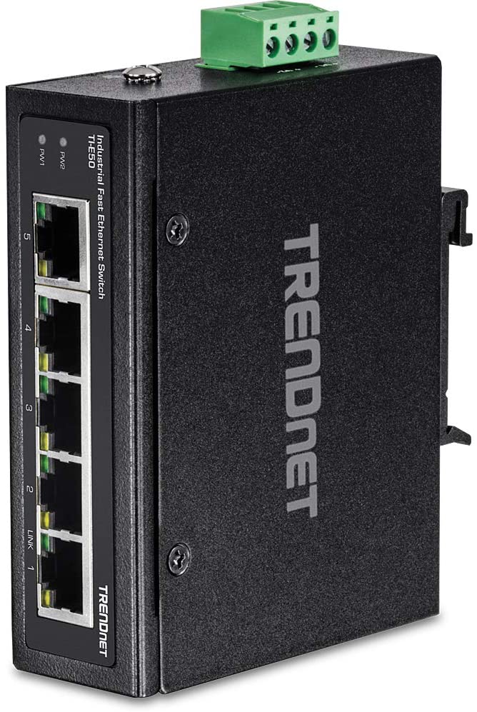 TRENDnet 5-Port Industrial Unmanaged Fast Ethernet DIN-Rail Switch, 5 x Fast Ethernet Ports, IP30, Operating Temperature Range of -40° – 75°C (-40° – 167°F), Lifetime Protection, Black, TI-E50