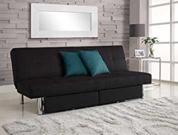 DHP Sola Convertible Sofa Futon w/ Space Saving Storage Compartments, Chrome Legs and Upholstered in Rich Black Microfiber