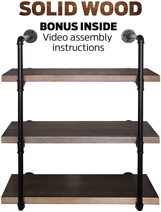 Rusver Industrial Pipe Shelving for Home Organizer Storage, 37.5 inches 3 Tier Shelf, Metal Bookcases Furniture, Real Solid Canadian Wood Retro Brown