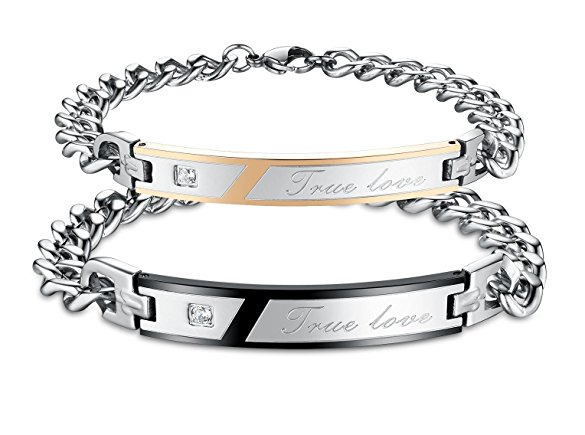 His and Hers Matching Set Titanium Stainless Steel Couple True Love Bracelet with a Lucky Bean (A Pair)