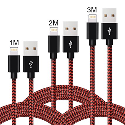 ONSON Lightning Cable,3Pack 1m 2m 3m Extra Long Nylon Braided Apple iPhone Charger Cable Charging Lead Cord USB Wire for iPhone 7/7 Plus/6S/6S Plus/6/6 Plus/5/5S/5C/SE,iPad Pro/Air/mini,iPod(Black Red)