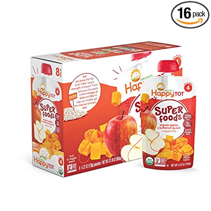 Happy Tot Organic Stage 4 Super Foods Apples & Butternut Squash   Super Chia 4.22 Ounce (Pack of 16), Non-GMO, Gluten Free, 3g of Fiber, Excellent source of vitamins A & C