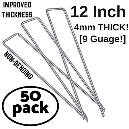 12 Inch [ 9 Guage ] Garden Landscape Staples Stakes Pins SOD | 50 Pack | Galvanized Steel | for Weed Barrier Fabric, Ground Cover, Soaker Hose, Lawn Drippers, Drip Irrigation Tubing