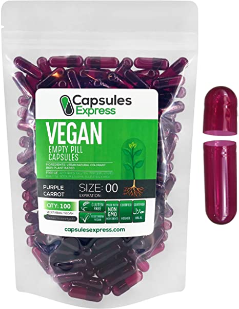 Capsules Express- Size 00 Purple Carrot Empty Vegan Capsules - Vegetarian/Vegetable Pill Capsule - DIY Powder Filling (100)