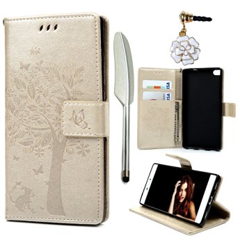 Huawei P8 Case,MOLLYCOOCLE Stand Wallet Premium PU Leather Credit Card Solts Holders Magnetic Embossed Flower Hand Wrist Strap Flip Folio Skin Cover for Huawei P8 & Cute Dust Plug & Stylus Pen, Gold