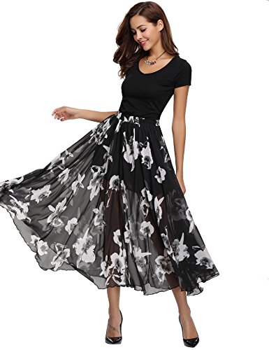 Abollria Women's Chiffon Elastic Waist Floor Length Full Ankle Blending Summer Beachwear Dress Long Maxi Skirt