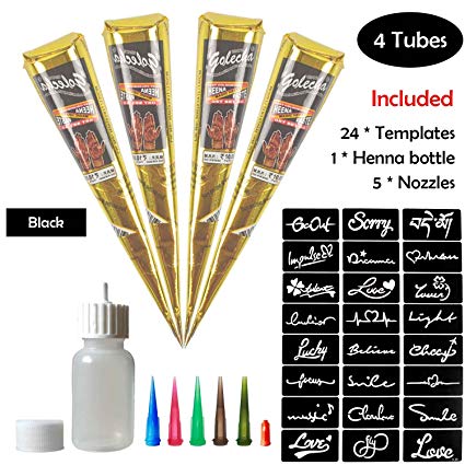 COKOHAPPY Temporary Tattoo Kit, 4 Tube Black Paste Cone Indian Body Art Painting Drawing with 24 x adhesive Stencil, 1 x Applicator Bottle and 5 x Plastic Nozzle