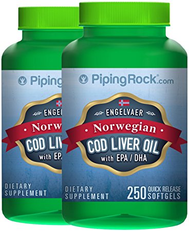Piping Rock Supreme Engelvaer Norwegian Cod Liver Oil 2 Bottles x 250 Quick Release Softgels with EPA / DHA Dietary Supplement