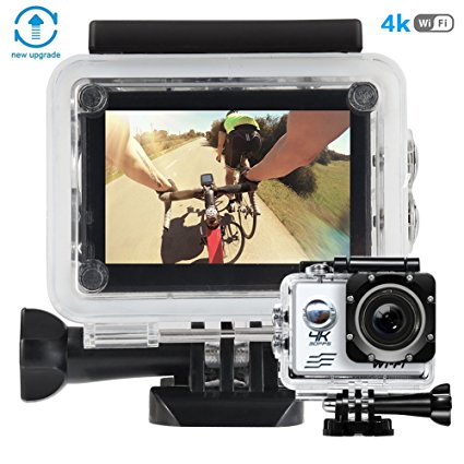 Action Camera 1080P 4K Ultra HD WiFi Best Video Sports Camera 16MP 1080P 170 Degree Wide Angle 2.0 Inch Screen 100 foot Underwater Waterproof Camera with Sony Sensor and 2 Batteries Silver