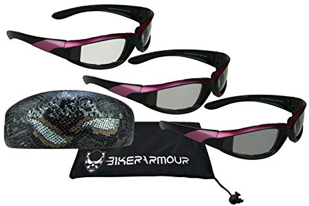1 Pair of Motorcycle Pink Frame Transitional Sunglasses Foam Padded for Women. Clear Photochromic Polycarbonate Safety Lenses. Free Animal Print Hard Case. Angel/TR/CL/ANC
