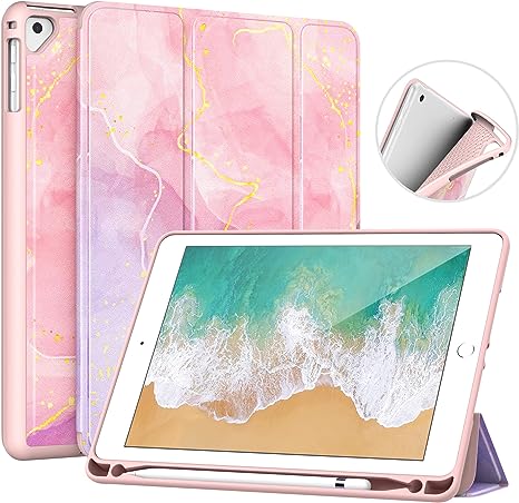 MoKo Case for iPad 6th/5th Generation 9.7 Inch (2018/2017), iPad Air 2 & Air with Apple Pencil Holder - Slim Lightweight Smart Shell Stand Cover Case with Auto Wake/Sleep, Flowing Purple/Pink