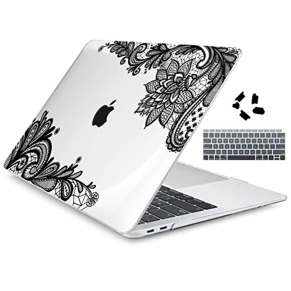 Dongke MacBook Air 13 Inch Case A1932 2019 2018 Compatible Touch ID Retina Display 3 in 1 Bundle, Hard Shell & Keyboard Cover Set (Black Lace)