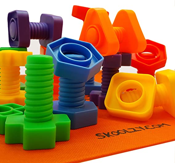 Skoolzy Nuts and Bolts Fine Motor Skills - Occupational Therapy Toddler Toys - Montessori Building Construction Kids Matching Game for Preschoolers - Jumbo 24 pc Set with Backpack & Activity Download