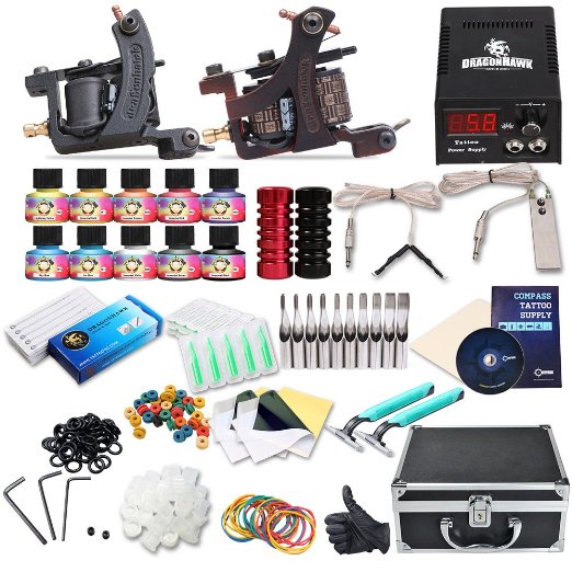 Dragonhawk Complete Tattoo Kit 2 Mate Machines 10 Color Immortal Inks Power Supply 50 Needles Tips Grips with Case 2-2YMX