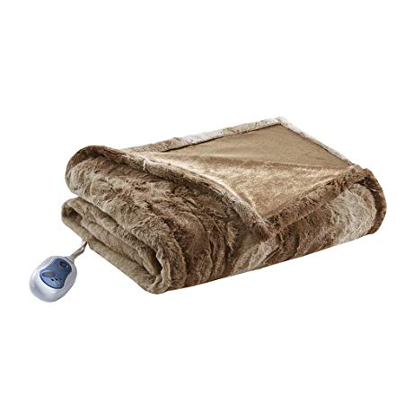 Beautyrest Zuri Ultra Soft Faux Fur Reverse to Mink Auto Shut Off Electric Blanket Throw Oversize with 3 Heat Level Setting Controller, 50x70, Tan Tip Dye