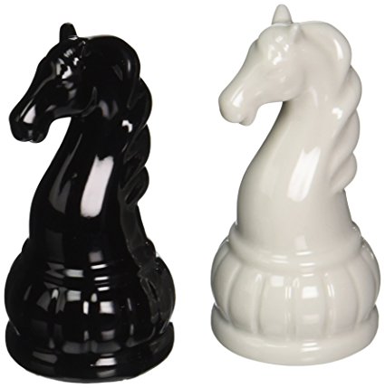 CG SS-CG-56704 Black & White Ceramic Chess Knights Salt & Pepper Set, 3.125"