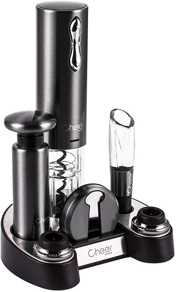 CHEER Wine Opener Gift Set,Gun Stainless Steel Electric Wine Opener, Wine Aerator, Vacuum Wine Preserver with 2 Bottle Stoppers, Foil Cutter and Charging Base - 6 In 1 Wine Accessories 7717-W102-069