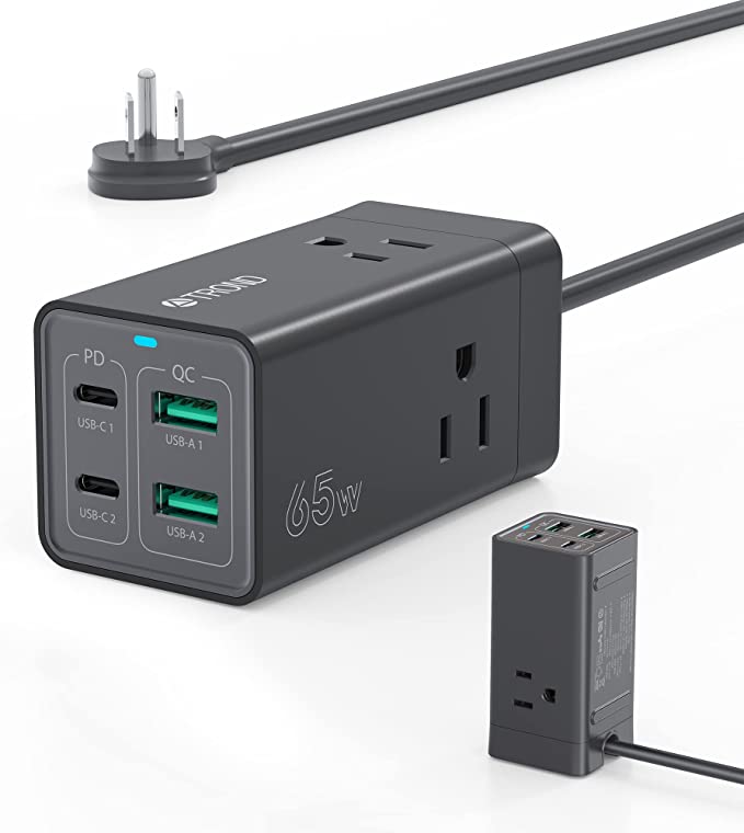 USB C Charger, TROND 65W GaN3 USB C Charging Station for Multiple Devices, Power Strip with 2 USB-C, 2 USB-A, 3 AC Outlets, USB Charger Block for MacBook Pro/Laptops/iPhone/Samsung/iPad Fast Charging