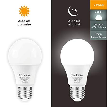 Dusk to Dawn Light Bulb, Automatic On/Off Smart LED Bulb, Built-in Light Sensor, Plug and Play, 9W/A19/E26/120V, Indoor/Outdoor Yard Porch Patio Garage Garden Hallway by TORKASE(Cool White, 2 Pack)