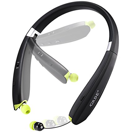 GRDE Bluetooth Headset, Wireless Stereo Sports Headphones with Foldable Neckband and Retractable Earbuds In-ear Earphones for Smartphones
