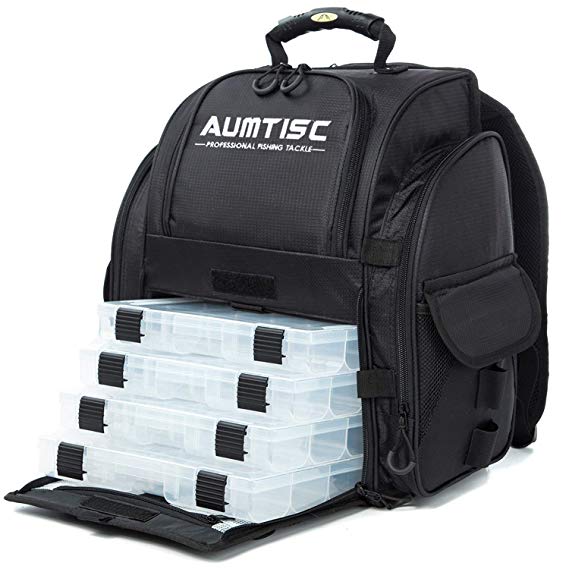 AUMTISC Fishing Backpack Large Tackle Bag with Protective Rain Cover and 4 Trays Tackle Box