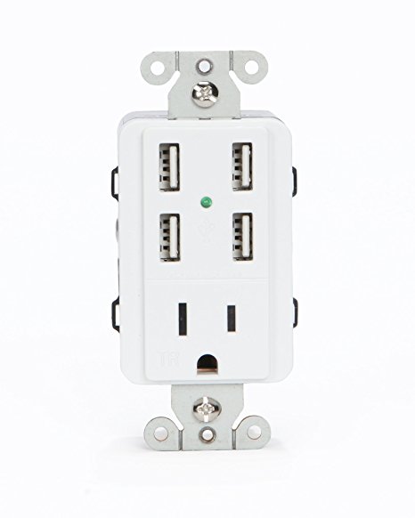 UL Listed U-Socket ACE 9105 15-Amp AC Wall Outlet / Receptacle with 4 Built-In USB Charger Ports, Tamper Resistant, White - Fast 4.2 Amps charging.