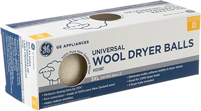 GE Wool Dryer Balls, XL Reusable Natural Fabric Softener Made of 100% Pure New Zealand Wool, 3-Pack