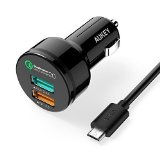 Car Charger AUKEY 30W 2-Port USB Car Charger with Qualcomm Quick Charge 20 Technology and AiPower Adaptive Charging Technology Includes a 33ft Quick Charge Micro USB Cable - Black